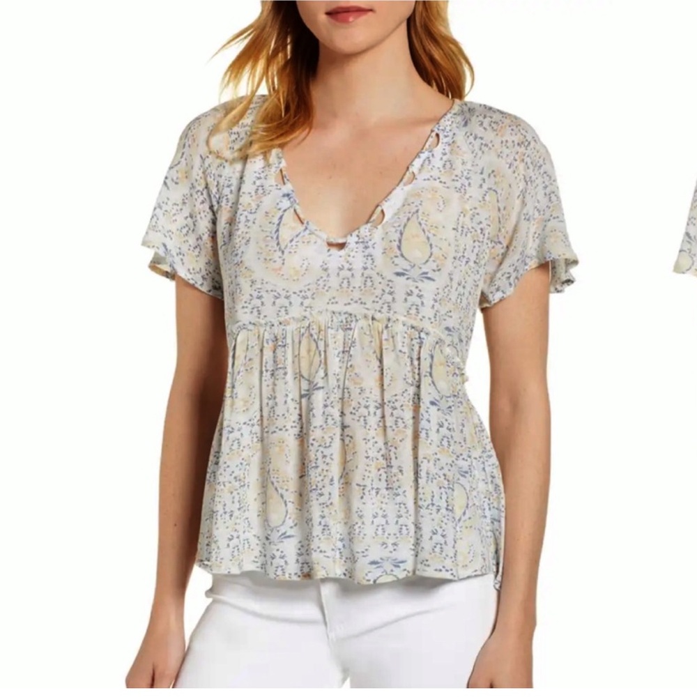 Lucky Brand Pastel Paisley Floral Print Peplum Top M